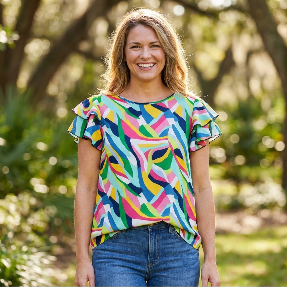 NWOT Haptics Vibrant Abstract Ruffle-Sleeve Top in Multi Green & Pink